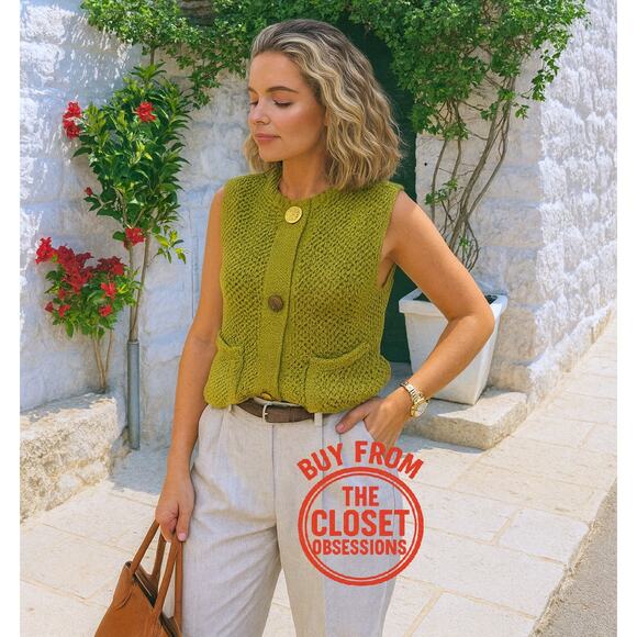 ZARA Knit Top NWT – Pistachio Green Gold Button Vest, Size S - Picture 2 of 16